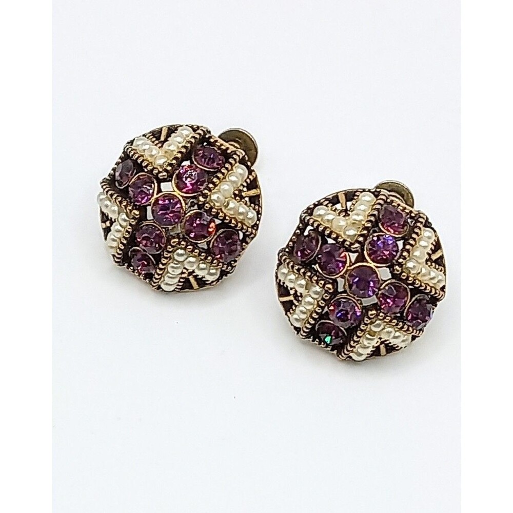 Vintage Hollycraft Light Amethyst Rhinestone & Faux Seed Pearl Clip‑On Earrings